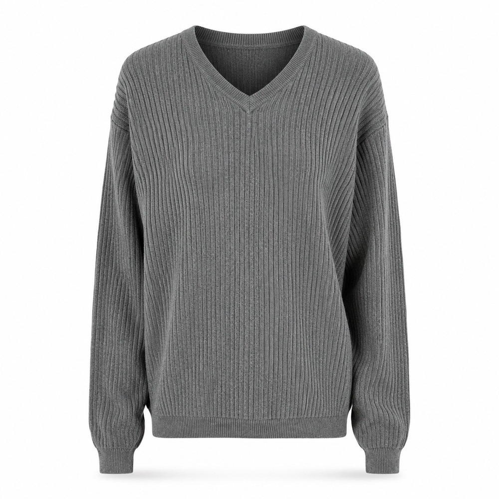 Guy Z Mens Sweater Large Cotton Gray V-Neck Ribbed Knit Pullover Classic Preppy